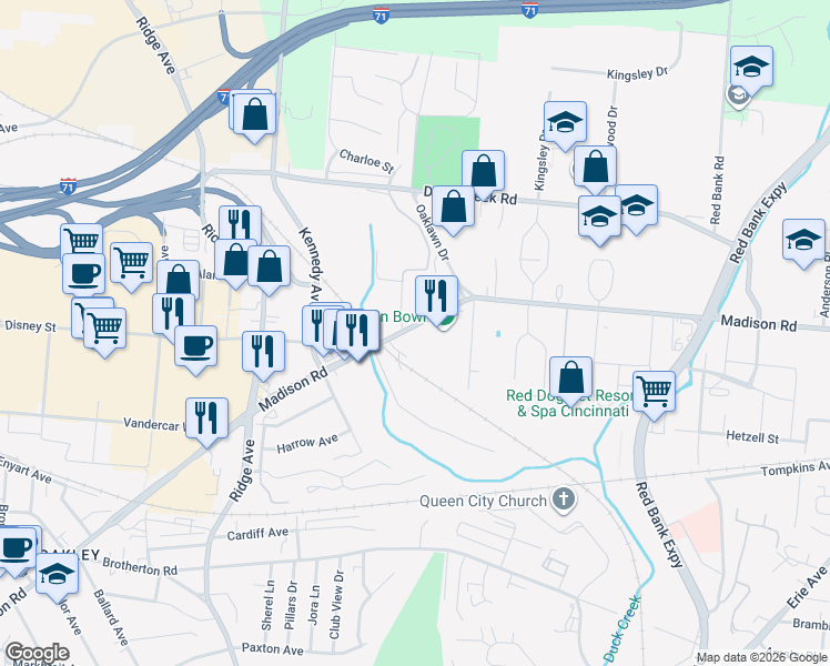 map of restaurants, bars, coffee shops, grocery stores, and more near 4703 Madison Road in Cincinnati