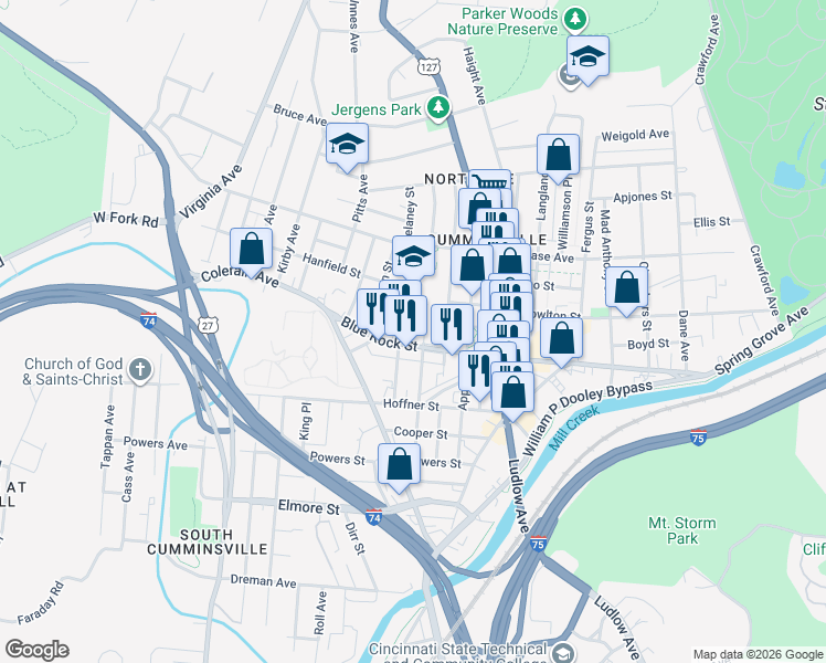 map of restaurants, bars, coffee shops, grocery stores, and more near 1672 Blue Rock Street in Cincinnati