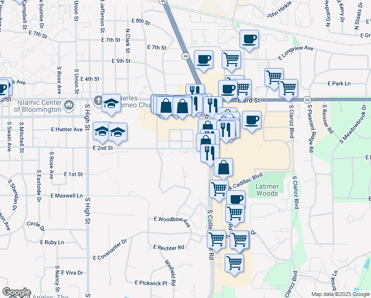 map of restaurants, bars, coffee shops, grocery stores, and more near 2520 East 2nd Street in Bloomington