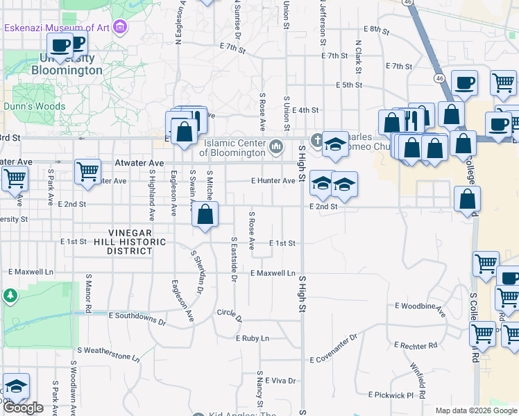 map of restaurants, bars, coffee shops, grocery stores, and more near 620 South Anita Street in Bloomington