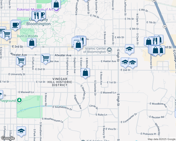 map of restaurants, bars, coffee shops, grocery stores, and more near 615 South Mitchell Street in Bloomington