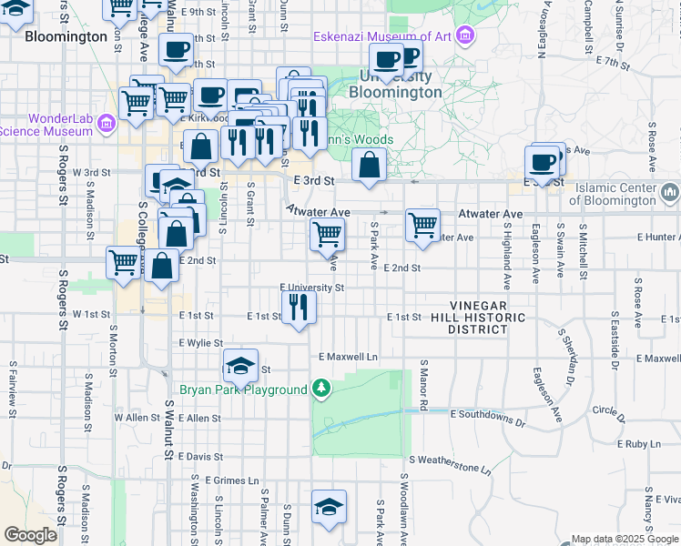 map of restaurants, bars, coffee shops, grocery stores, and more near 624 South Fess Avenue in Bloomington
