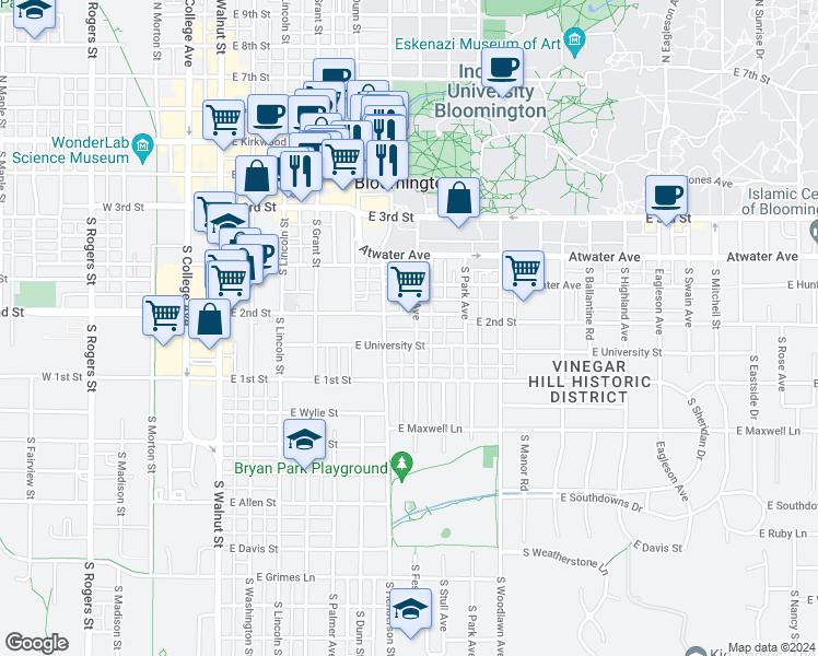map of restaurants, bars, coffee shops, grocery stores, and more near 624 South Fess Avenue in Bloomington