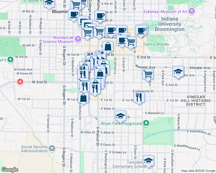 map of restaurants, bars, coffee shops, grocery stores, and more near 527 South Washington Street in Bloomington