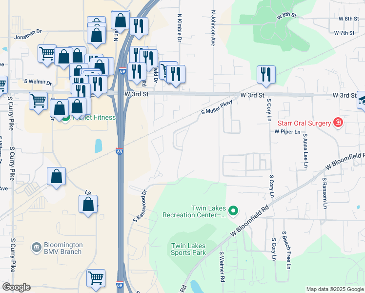 map of restaurants, bars, coffee shops, grocery stores, and more near 510 South Muller Parkway in Bloomington