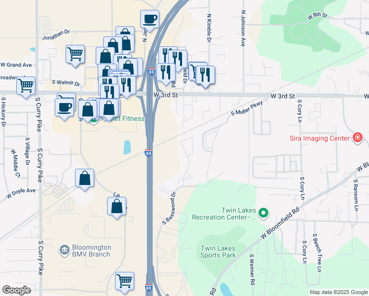 map of restaurants, bars, coffee shops, grocery stores, and more near 528 South Basswood Drive in Bloomington