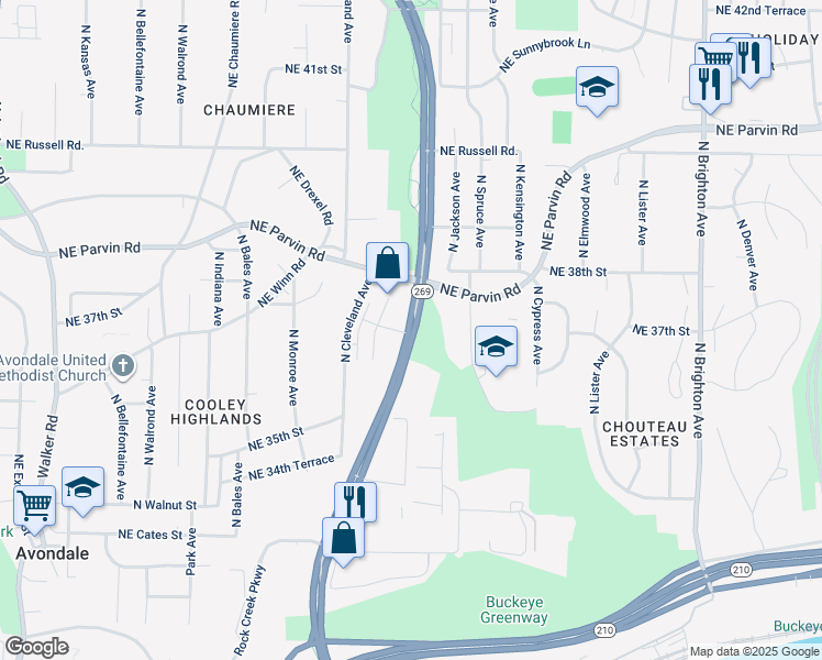 map of restaurants, bars, coffee shops, grocery stores, and more near Chouteau Parkway in Kansas City