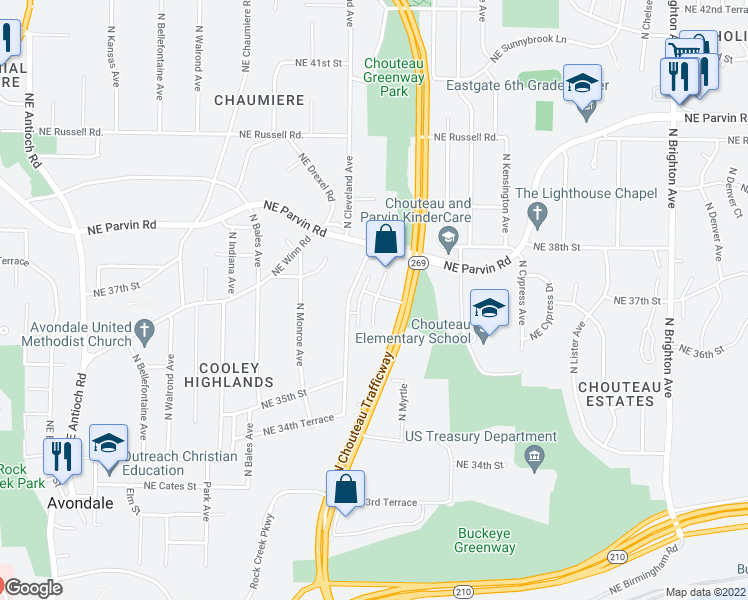 map of restaurants, bars, coffee shops, grocery stores, and more near 3612 Northeast Chouteau Parkway in Kansas City