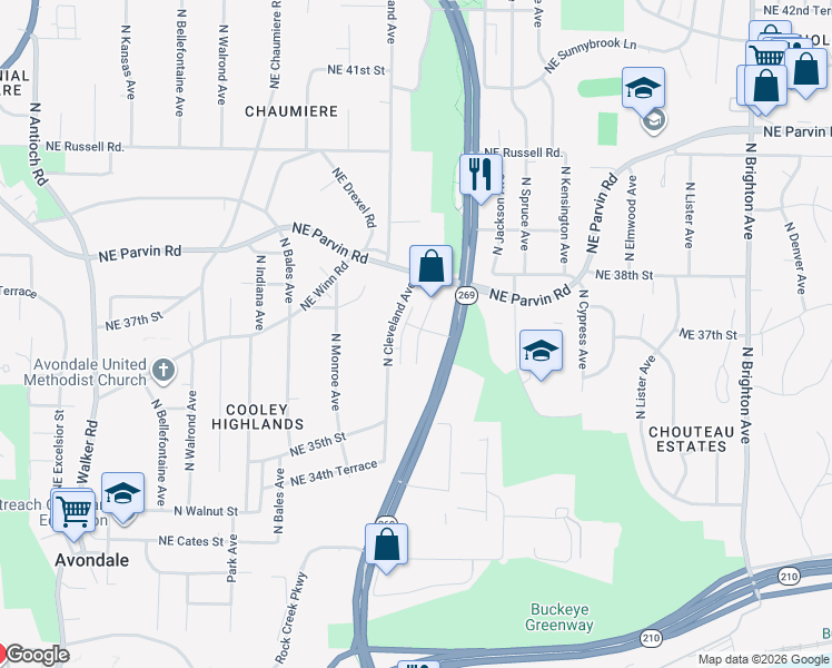 map of restaurants, bars, coffee shops, grocery stores, and more near 3612 Northeast Chouteau Parkway in Kansas City
