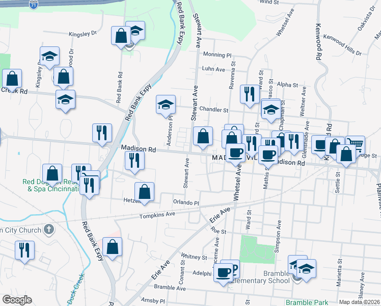 map of restaurants, bars, coffee shops, grocery stores, and more near Madison Rd & Stewart Rd in Cincinnati
