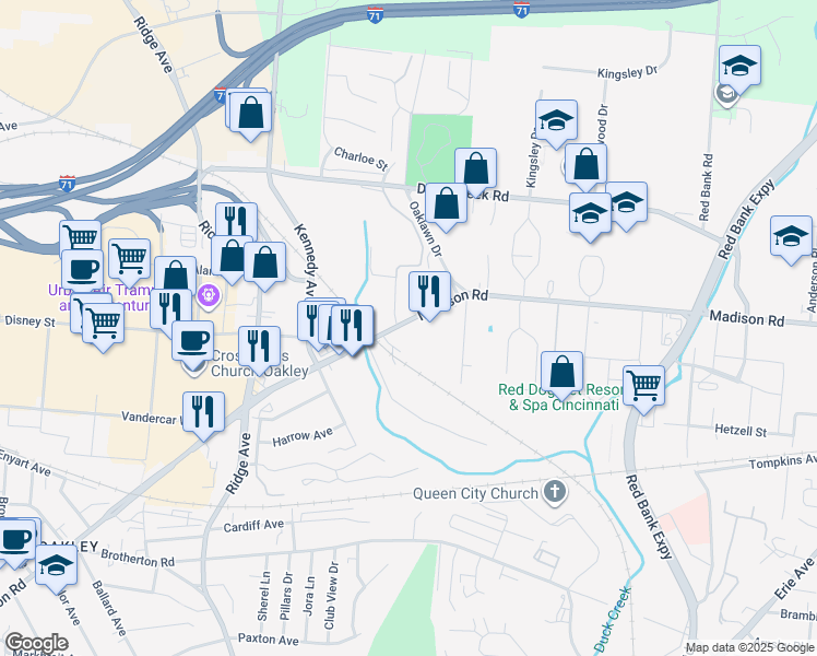 map of restaurants, bars, coffee shops, grocery stores, and more near 4725 Madison Road in Cincinnati