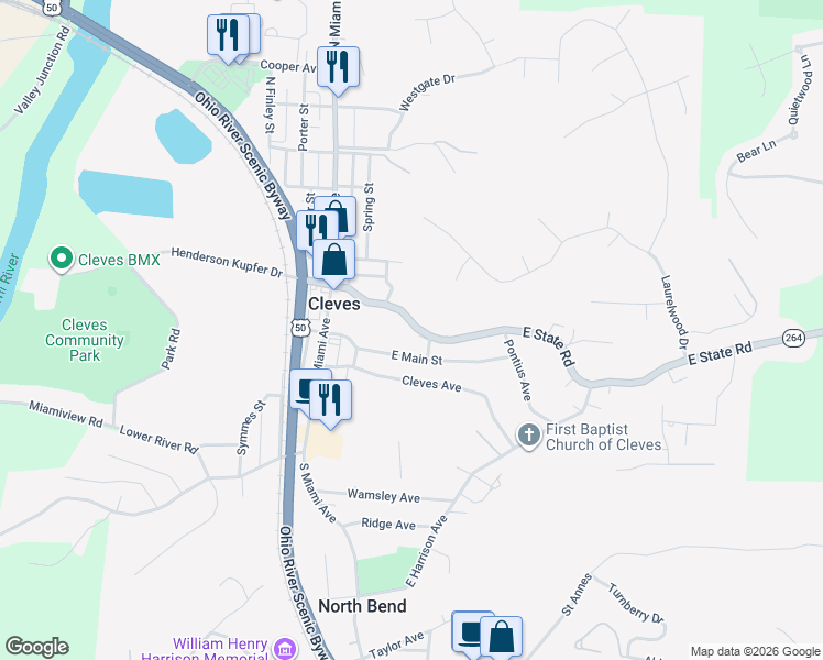 map of restaurants, bars, coffee shops, grocery stores, and more near 11 Dowling Street in Cleves