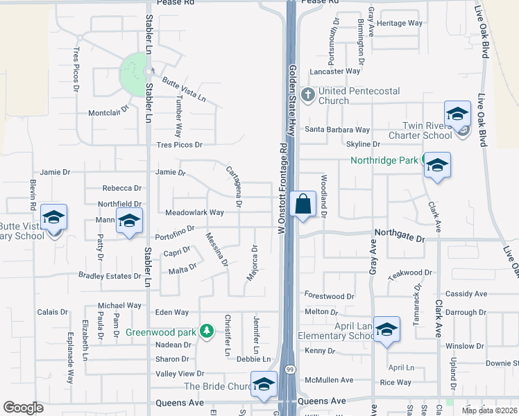 map of restaurants, bars, coffee shops, grocery stores, and more near 1310 Meadowlark Way in Yuba City