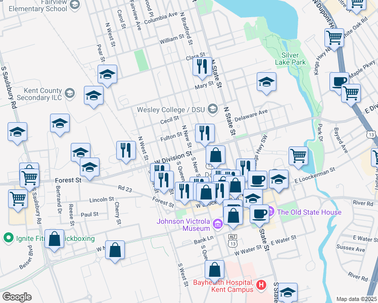 map of restaurants, bars, coffee shops, grocery stores, and more near 303 West Division Street in Dover