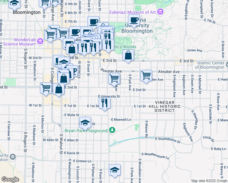 map of restaurants, bars, coffee shops, grocery stores, and more near 624 South Fess Avenue in Bloomington