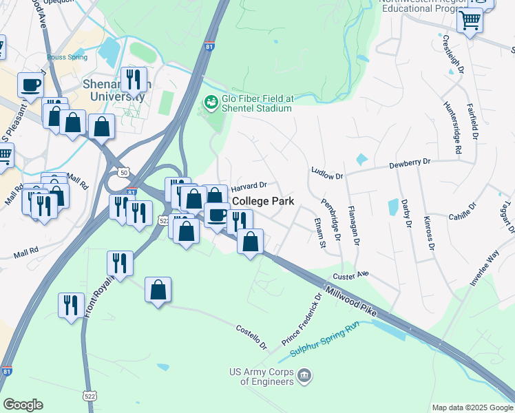 map of restaurants, bars, coffee shops, grocery stores, and more near 113 Princeton Drive in Winchester