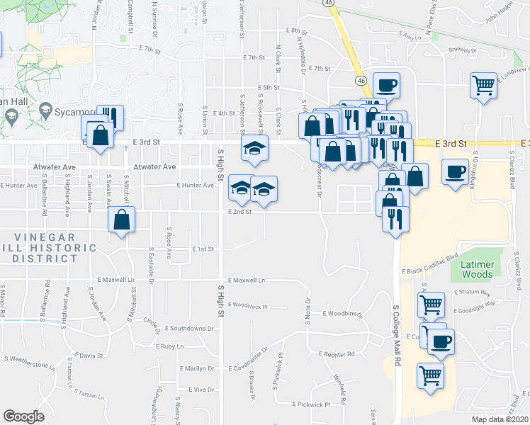map of restaurants, bars, coffee shops, grocery stores, and more near 2200 East 2nd Street in Bloomington
