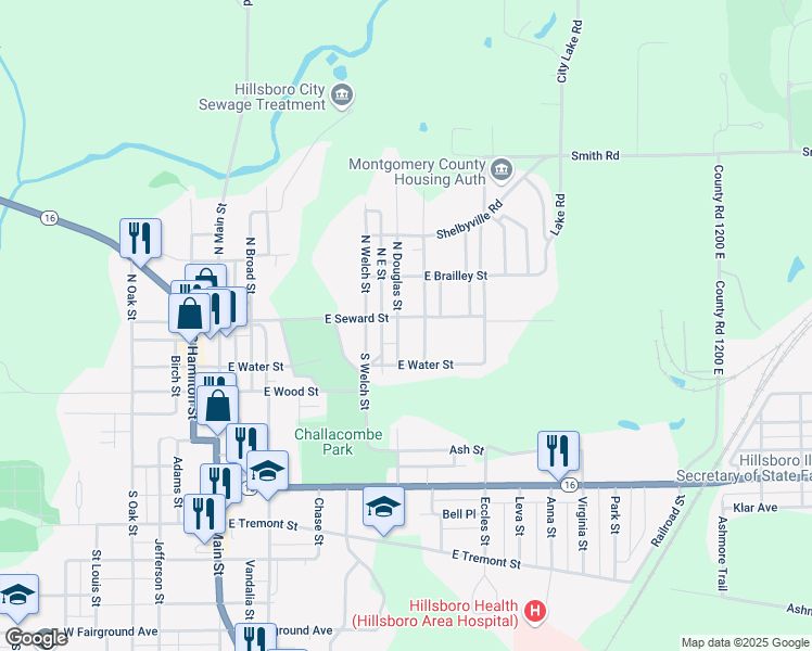 map of restaurants, bars, coffee shops, grocery stores, and more near 222 South Grant Street in Hillsboro