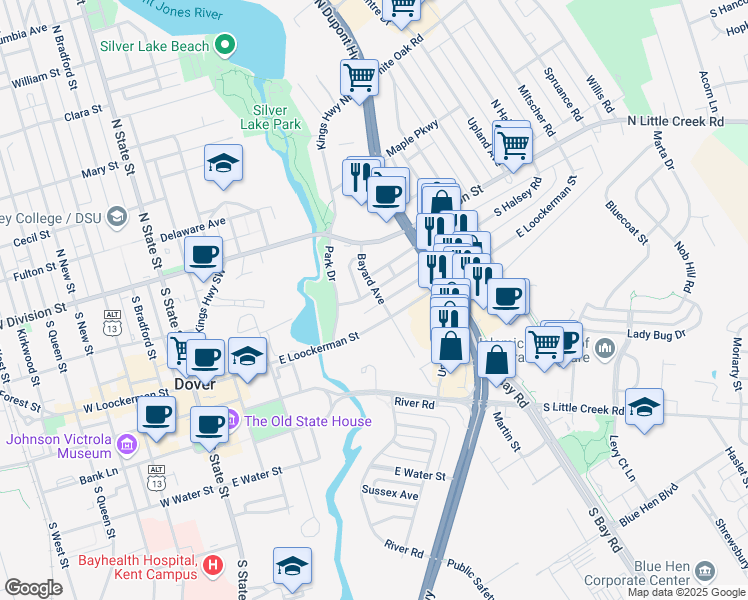 map of restaurants, bars, coffee shops, grocery stores, and more near 505 East Loockerman Street in Dover