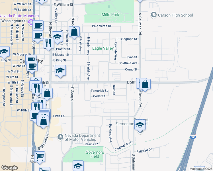 map of restaurants, bars, coffee shops, grocery stores, and more near 1215 East 5th Street in Carson City