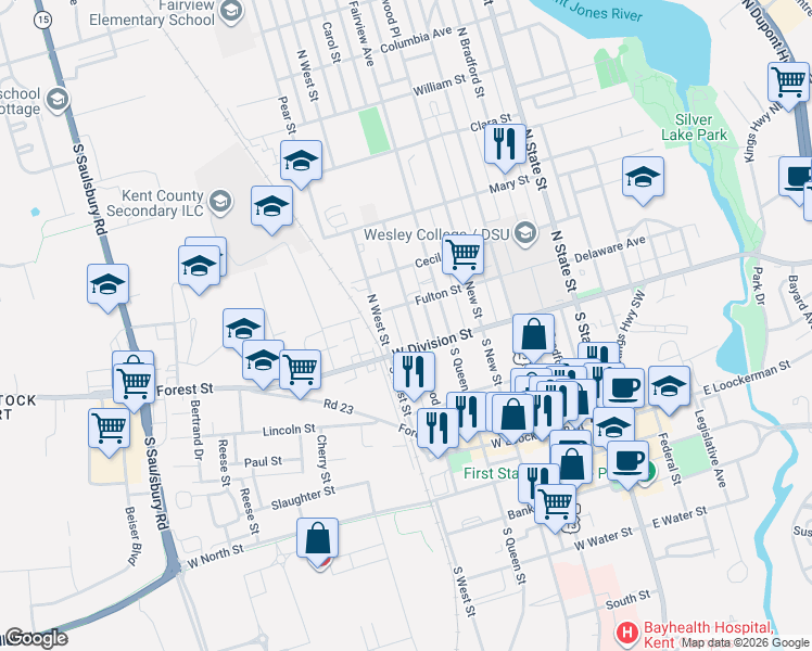 map of restaurants, bars, coffee shops, grocery stores, and more near 507 West Division Street in Dover