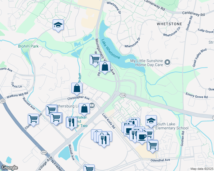 map of restaurants, bars, coffee shops, grocery stores, and more near 18606 Walkers Choice Road in Montgomery Village
