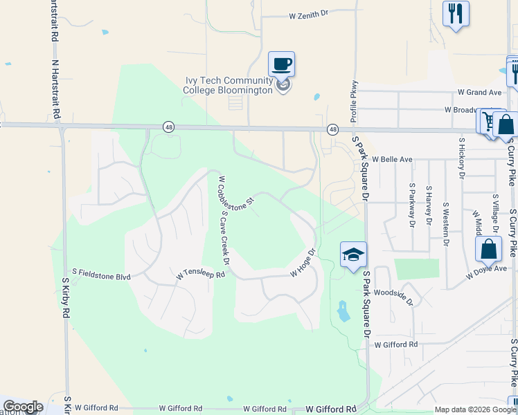 map of restaurants, bars, coffee shops, grocery stores, and more near 217 South Rockwood Crescent Court in Bloomington