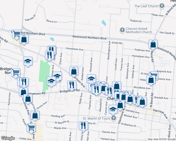 map of restaurants, bars, coffee shops, grocery stores, and more near 3923 Roswell Avenue in Cincinnati