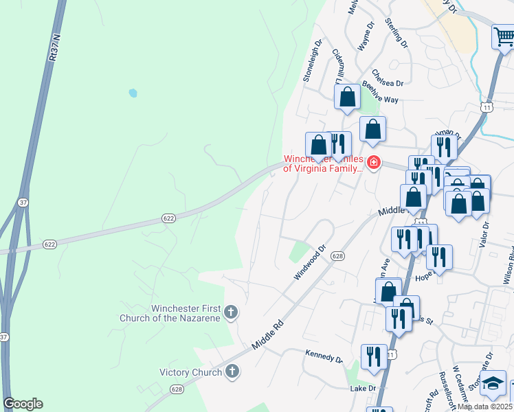map of restaurants, bars, coffee shops, grocery stores, and more near 143 Harvest Ridge Drive in Winchester