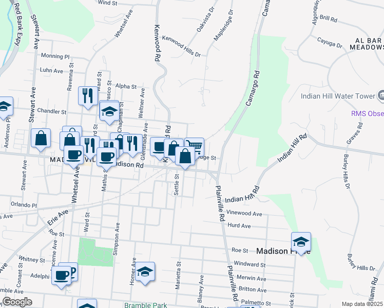 map of restaurants, bars, coffee shops, grocery stores, and more near 6503 East Ledge Street in Cincinnati