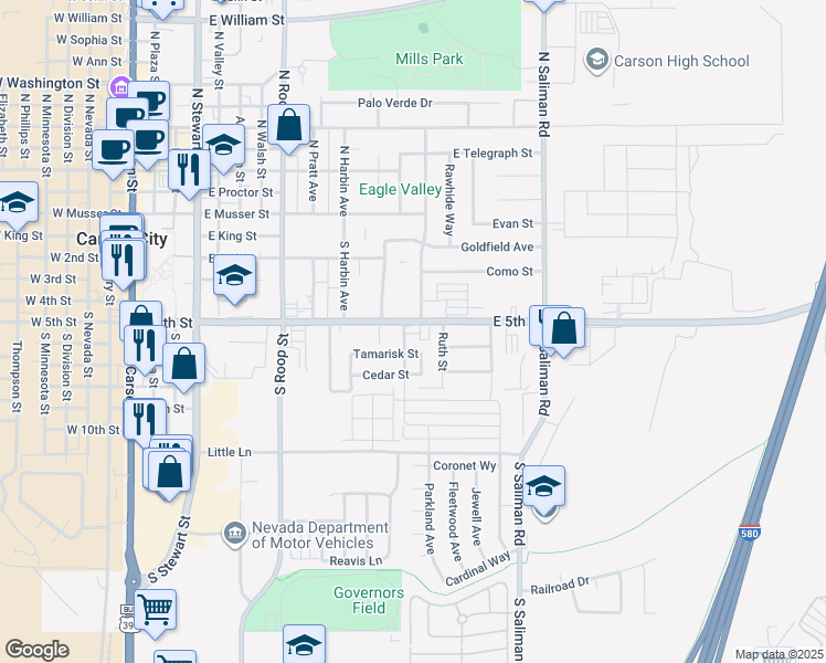 map of restaurants, bars, coffee shops, grocery stores, and more near 1222 Tamarisk Street in Carson City