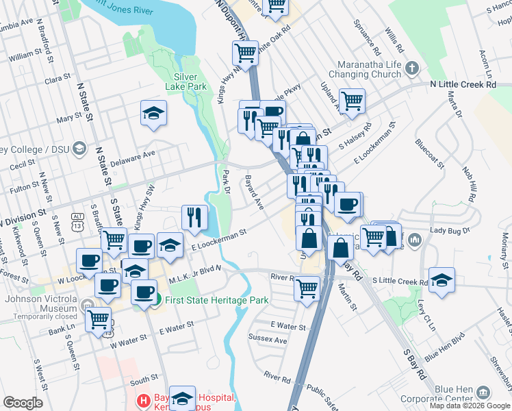 map of restaurants, bars, coffee shops, grocery stores, and more near 505 East Loockerman Street in Dover