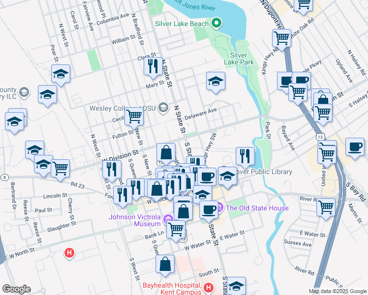 map of restaurants, bars, coffee shops, grocery stores, and more near 39 South Bradford Street in Dover