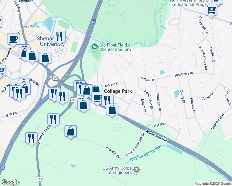 map of restaurants, bars, coffee shops, grocery stores, and more near 113 Princeton Drive in Winchester