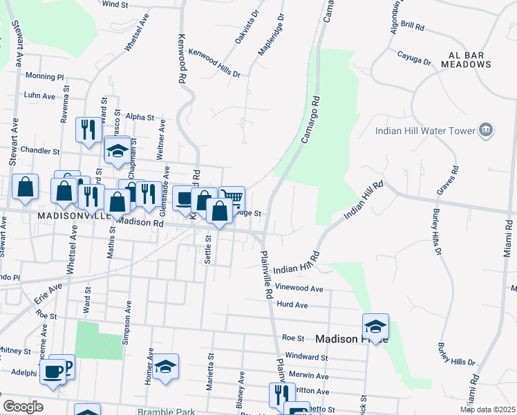 map of restaurants, bars, coffee shops, grocery stores, and more near 5022 Camargo Pike in Cincinnati