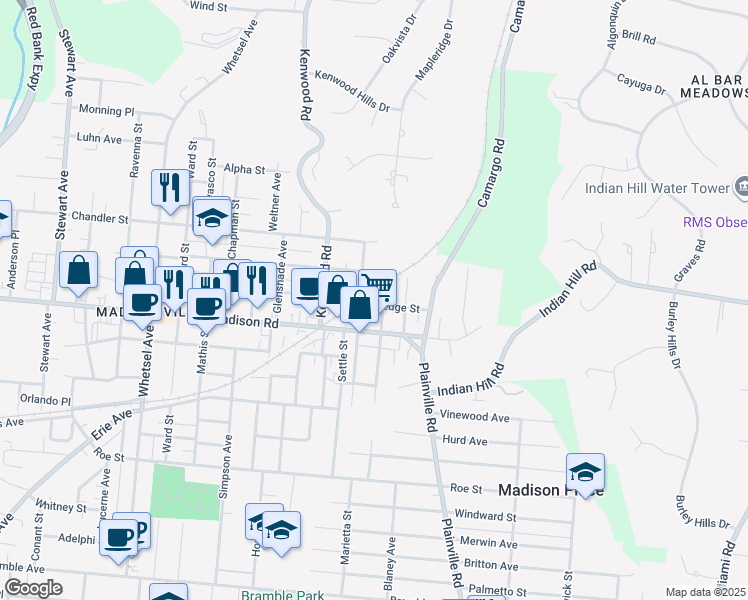 map of restaurants, bars, coffee shops, grocery stores, and more near 6503 East Ledge Street in Cincinnati