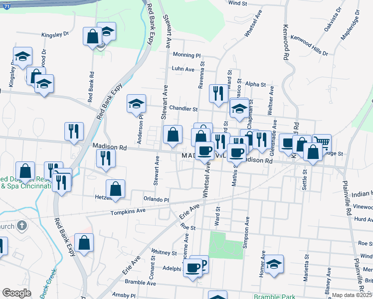 map of restaurants, bars, coffee shops, grocery stores, and more near 5727 Madison Road in Cincinnati