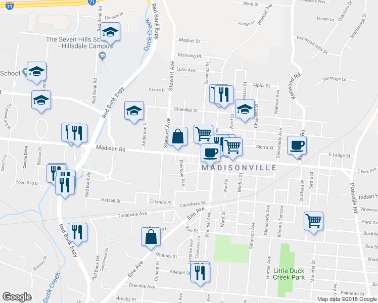 map of restaurants, bars, coffee shops, grocery stores, and more near 5727 Madison Road in Cincinnati