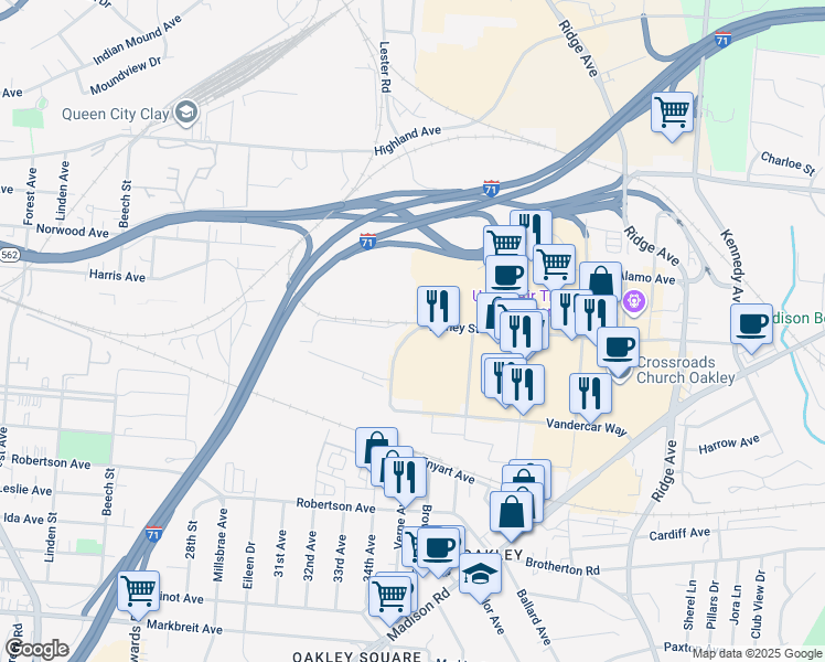 map of restaurants, bars, coffee shops, grocery stores, and more near 3025 Disney Street in Cincinnati