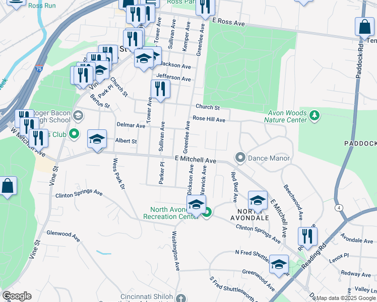map of restaurants, bars, coffee shops, grocery stores, and more near 502 East Mitchell Avenue in Cincinnati