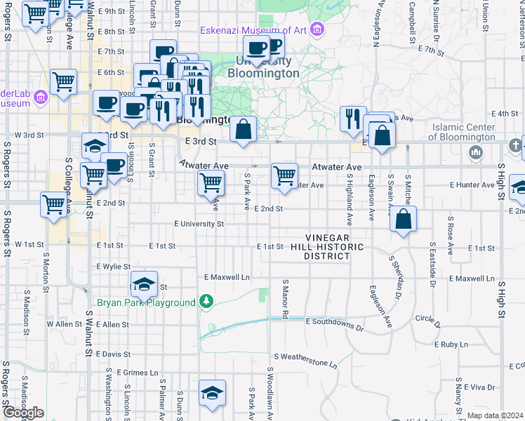 map of restaurants, bars, coffee shops, grocery stores, and more near 624 South Woodlawn Avenue in Bloomington