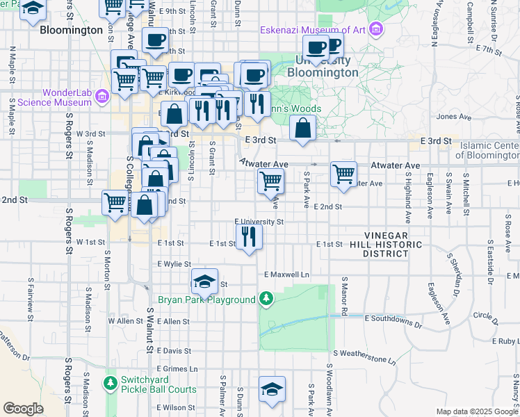 map of restaurants, bars, coffee shops, grocery stores, and more near 609 East University Street in Bloomington