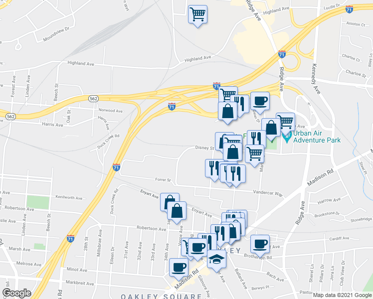 map of restaurants, bars, coffee shops, grocery stores, and more near 2980 Disney Street in Cincinnati