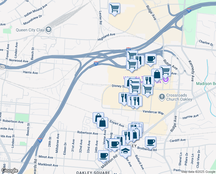 map of restaurants, bars, coffee shops, grocery stores, and more near 2980 Disney Street in Cincinnati