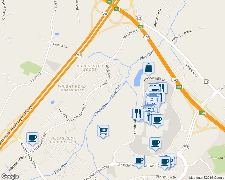 map of restaurants, bars, coffee shops, grocery stores, and more near 1542 Penzance Way in Hanover