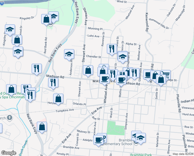 map of restaurants, bars, coffee shops, grocery stores, and more near 5727 Madison Road in Cincinnati