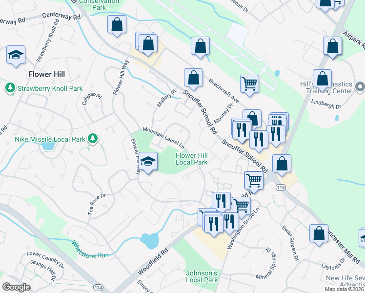 map of restaurants, bars, coffee shops, grocery stores, and more near Mountain Laurel Ln & Mountain Laurel Terrace in Montgomery