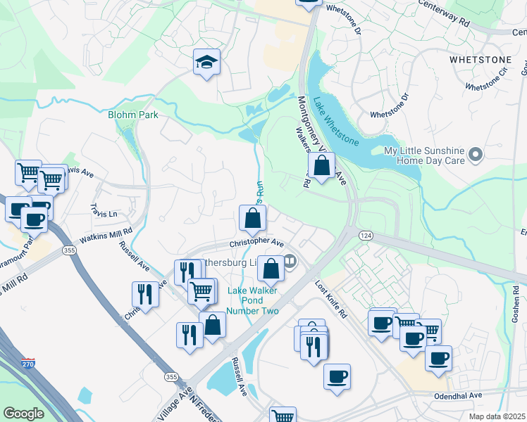 map of restaurants, bars, coffee shops, grocery stores, and more near 18518 Boysenberry Drive in Montgomery Village