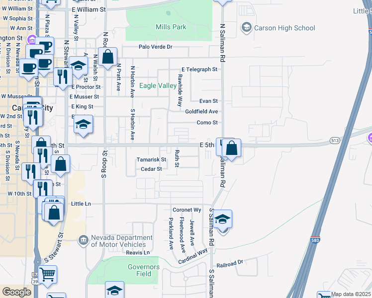 map of restaurants, bars, coffee shops, grocery stores, and more near 1353 Jerry Lane in Carson City