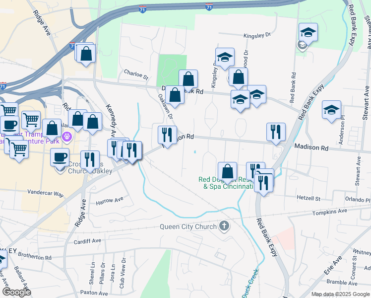 map of restaurants, bars, coffee shops, grocery stores, and more near 4934 Oaklawn Drive in Cincinnati